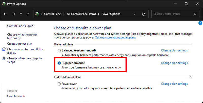 Screenshot of the Windows Control Panel Power Options page. A red rectangle is drawn around the "High performance" power plan option, which is selected via a radio button.
