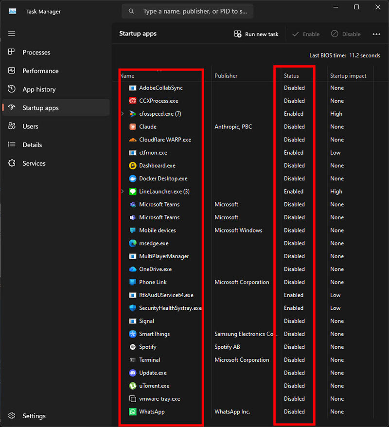 Screenshot of the Windows 11 Task Manager Startup apps tab. Red rectangles highlight columns of app names and statuses, showing many applications with a "Disabled" status to optimize resources.