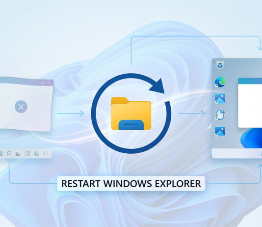 วิธีรีสตาร์ท Windows Explorer แก้ปัญหา Windows 11 หน้าจอค้าง ไอคอนโฟลเดอร์สีเหลืองล้อมรอบด้วยลูกศรวงกลมสีน้ำเงินแสดงการรีสตาร์ท ข้อความตรงกลางระบุว่า RESTART WINDOWS EXPLORER