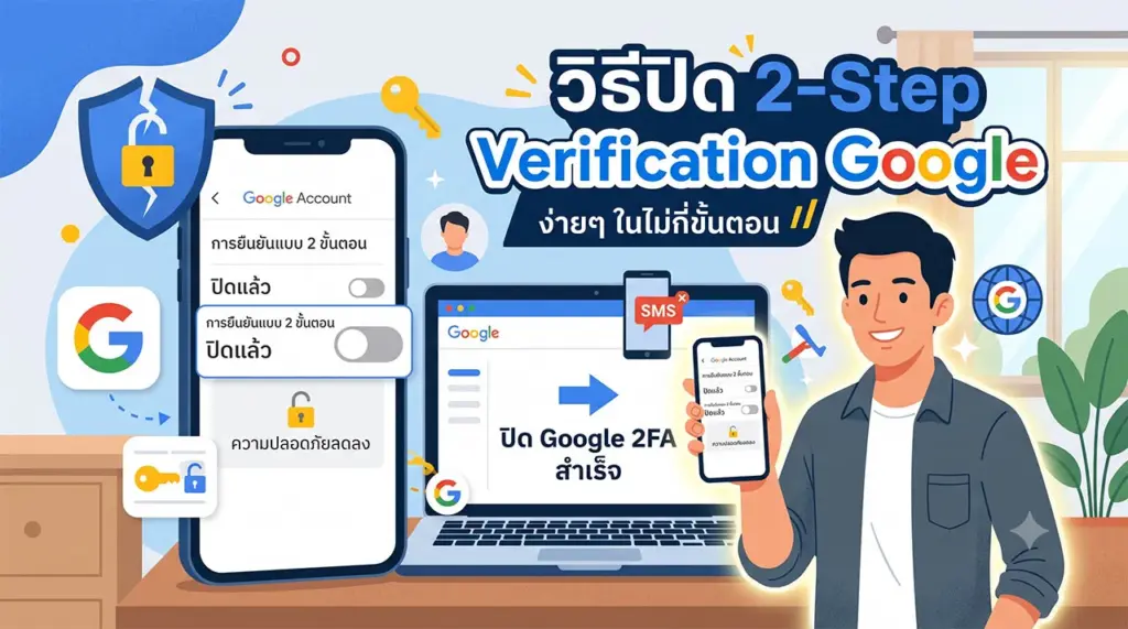 ภาพกราฟิกอธิบายวิธีปิด 2-Step Verification บนบัญชี Google แนะนำขั้นตอนการยกเลิกการยืนยันตัวตน 2 ขั้นตอน พร้อมภาพประกอบการตั้งค่าผ่านสมาร์ทโฟนและคอมพิวเตอร์