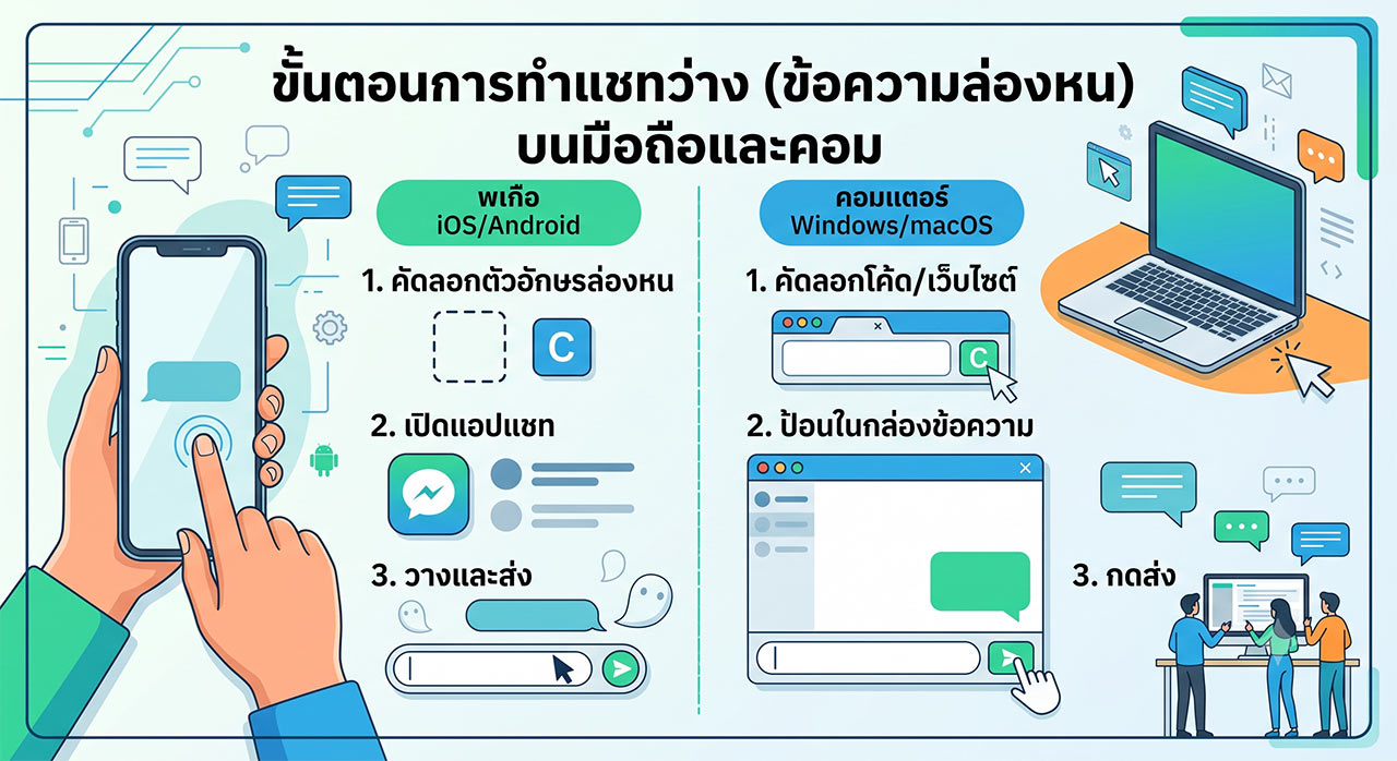 ภาพอินโฟกราฟิกแบบดิจิทัลที่ชัดเจน แสดงขั้นตอนการทำแชทว่างและส่งข้อความล่องหนบนมือถือและคอมพิวเตอร์