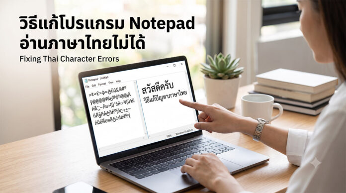 การแก้ไขข้อผิดพลาดในการแสดงตัวอักษรไทยใน Windows Notepad ภาพถ่ายเหมือนจริงของผู้หญิงคนหนึ่งนั่งอยู่ที่โต๊ะในที่ทำงาน โดยมีข้อความภาษาไทยขนาดใหญ่ซ้อนทับที่ด้านซ้ายบนว่า "วิธีแก้โปรแกรม Notepad ภาษาไทย อ่านไม่ได้"