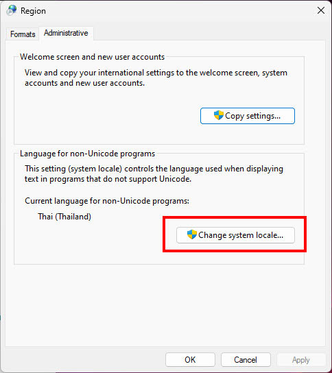 ภาพหน้าจอแสดงหน้าต่างตั้งค่า Region ในแท็บ Administrative โดยมีกรอบสี่เหลี่ยมสีแดงเน้นที่ปุ่ม Change system locale... ในส่วนของ Language for non-Unicode programs