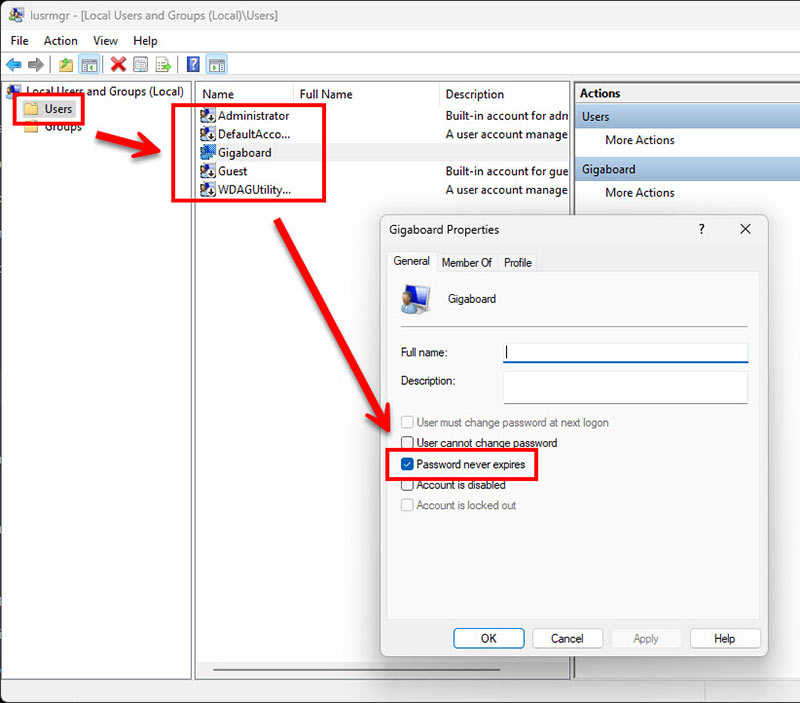 หน้าต่างหน้าต่าง Local Users and Groups แสดงขั้นตอนการเลือกบัญชีผู้ใช้ และการตั้งค่า Password Expiration Windows 11 ผ่านตัวเลือก Password never expires