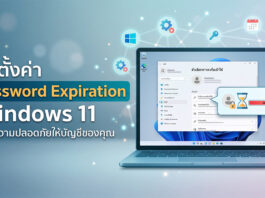 วิธีตั้งค่าและจัดการ Password Expiration Windows 11 เพื่อยกระดับความปลอดภัยให้ระบบปฏิบัติการ ภาพกราฟิกจำลองหน้าจอคอมพิวเตอร์ แสดงเมนูและวิธีการตั้งค่า Password Expiration Windows 11 พร้อมสัญลักษณ์ระบบรักษาความปลอดภัยบัญชีผู้ใช้