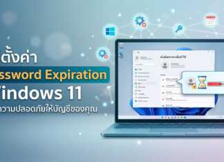 วิธีตั้งค่าและจัดการ Password Expiration Windows 11 เพื่อยกระดับความปลอดภัยให้ระบบปฏิบัติการ ภาพกราฟิกจำลองหน้าจอคอมพิวเตอร์ แสดงเมนูและวิธีการตั้งค่า Password Expiration Windows 11 พร้อมสัญลักษณ์ระบบรักษาความปลอดภัยบัญชีผู้ใช้