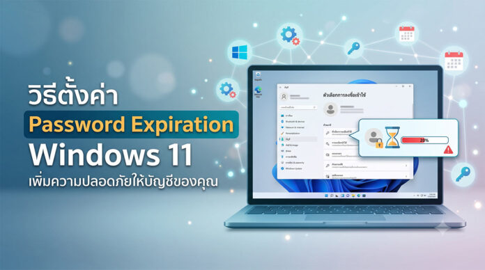 ภาพประกอบบทความวิธีตั้งค่า Password Expiration Windows 11 ภาพกราฟิกจำลองหน้าจอคอมพิวเตอร์ แสดงเมนูและวิธีการตั้งค่า Password Expiration Windows 11 พร้อมสัญลักษณ์ระบบรักษาความปลอดภัยบัญชีผู้ใช้