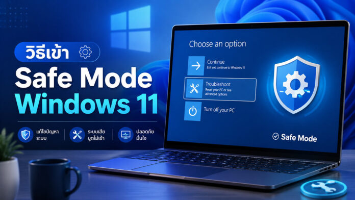 วิธีเข้า Safe Mode Windows 11 ภาพกราฟิกแนะนำวิธีเข้า Safe Mode Windows 11 แสดงหน้าจอแล็ปท็อปในหน้าต่าง Choose an option ที่กำลังเลือกเมนู Troubleshoot พร้อมข้อความประกอบระบุประโยชน์การใช้งาน ได้แก่ แก้ไขปัญหาระบบ, ระบบเสียบูตไม่เข้า และปลอดภัยมั่นใจ