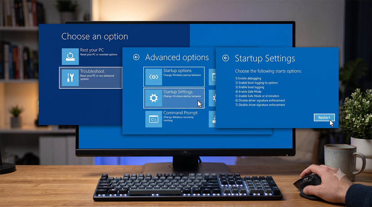 ภาพหน้าจอมอนิเตอร์บนโต๊ะทำงาน แสดงขั้นตอนการตั้งค่าระบบของ Windows สีฟ้า โดยมีหน้าต่างเมนูเรียงซ้อนกันตั้งแต่หน้า Choose an option, Advanced options และ Startup Settings พร้อมเคอร์เซอร์เมาส์กำลังคลิกที่ปุ่ม Restart