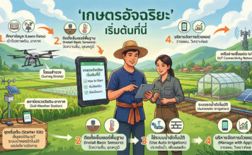 เกษตรอัจฉริยะ Smart Farming คืออะไร และเริ่มต้นได้อย่างไรสำหรับเกษตรกรไทย อินโฟกราฟิกแสดง 4 ขั้นตอนง่ายๆ ในการเริ่มทำเกษตรอินทรีย์อัจฉริยะ ได้แก่ 1. ศึกษาข้อมูล 2. ติดตั้งเซ็นเซอร์พื้นฐาน 3. ใช้ระบบน้ำอัตโนมัติ 4. บริหารจัดการด้วยแอปพลิเคชัน มีภาพคู่เกษตรกรถือแท็บเล็ต โดรน สถานีตรวจวัดดิน-อากาศ และโรงเรือนเพาะปลูก