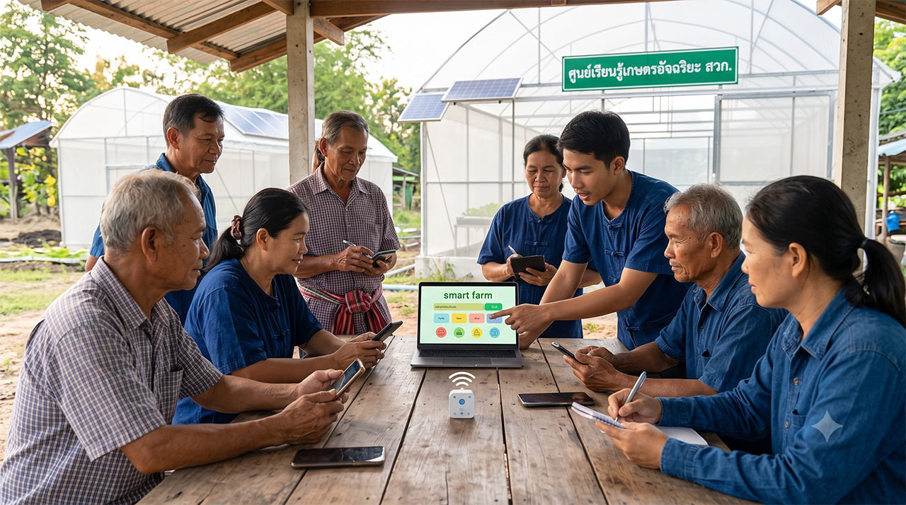 กลุ่มเกษตรกรไทยทั้งรุ่นเก่าและรุ่นใหม่ นั่งประชุมรอบโต๊ะไม้ในโรงเรือน ดูข้อมูลบนแล็ปท็อปที่แสดงแดชบอร์ด Smart Farm บางคนถือสมาร์ทโฟนและจดบันทึก มีอุปกรณ์ IoT วางบนโต๊ะ ด้านหลังเป็นโรงเรือนเพาะปลูกติดแผงโซลาร์เซลล์