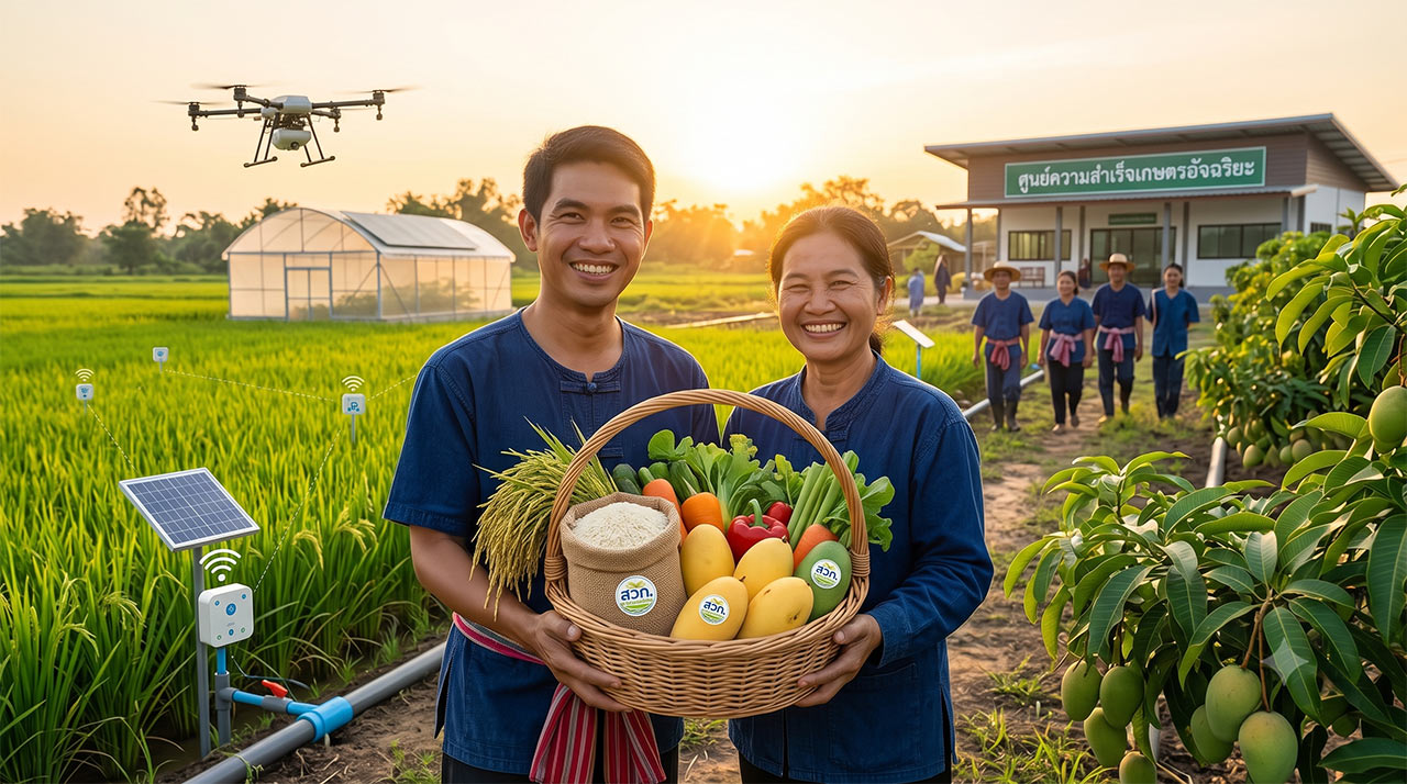 คู่สามีภรรยาเกษตรกรไทยยิ้มแย้ม ถือตะกร้าสานใส่ข้าวเปลือก ผักสด และมะม่วงคุณภาพ หน้าทุ่งนาข้าวเขียวขจี มีโดรนบินสำรวจไร่ ระบบเซ็นเซอร์ IoT พลังงานแสงอาทิตย์ โรงเรือนเพาะปลูก และอาคารศูนย์ความสำเร็จเกษตรอินทรีย์