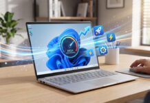 วิธี เร่งความเร็วโน้ตบุ๊ก Windows 11 คืนประสิทธิภาพให้ระบบทำงานลื่นไหล ภาพคอมพิวเตอร์โน้ตบุ๊กบนโต๊ะทำงาน หน้าจอแสดงกราฟิกหน้าปัดความเร็วและไอคอนสายฟ้า สื่อถึงเทคนิคการเร่งความเร็วโน้ตบุ๊ก Windows 11 เพื่อคืนประสิทธิภาพให้ระบบทำงานลื่นไหล