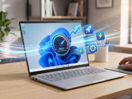 วิธี เร่งความเร็วโน้ตบุ๊ก Windows 11 คืนประสิทธิภาพให้ระบบทำงานลื่นไหล ภาพคอมพิวเตอร์โน้ตบุ๊กบนโต๊ะทำงาน หน้าจอแสดงกราฟิกหน้าปัดความเร็วและไอคอนสายฟ้า สื่อถึงเทคนิคการเร่งความเร็วโน้ตบุ๊ก Windows 11 เพื่อคืนประสิทธิภาพให้ระบบทำงานลื่นไหล