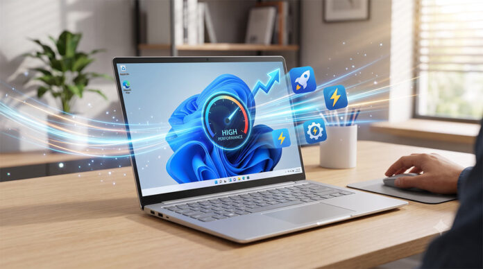 ภาพปกบทความ เร่งความเร็วโน้ตบุ๊ก Windows 11 เพิ่มประสิทธิภาพ ภาพคอมพิวเตอร์โน้ตบุ๊กบนโต๊ะทำงาน หน้าจอแสดงกราฟิกหน้าปัดความเร็วและไอคอนสายฟ้า สื่อถึงเทคนิคการเร่งความเร็วโน้ตบุ๊ก Windows 11 เพื่อคืนประสิทธิภาพให้ระบบทำงานลื่นไหล
