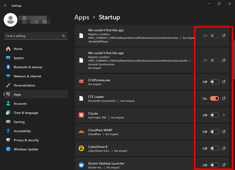 ภาพหน้าจอเมนู Startup บน Windows 11 แนะนำขั้นตอนการสลับปุ่มเป็น Off เพื่อปิดโปรแกรมที่ไม่จำเป็นตอนเปิดเครื่อง ช่วยเร่งความเร็วโน้ตบุ๊กตั้งแต่เริ่มเปิดระบบ