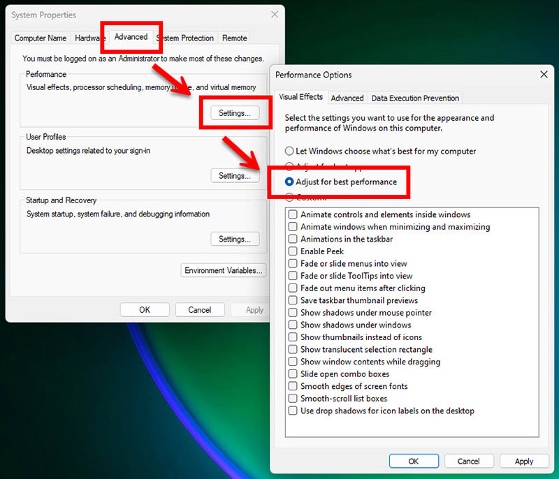 ภาพหน้าต่าง Performance Options บน Windows 11 แสดงขั้นตอนการเลือกตั้งค่า Adjust for best performance เพื่อลดเอฟเฟกต์แอนิเมชันและเร่งความเร็วโน้ตบุ๊กให้ทำงานลื่นไหลขึ้น