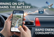 ไขข้อสงสัย เปิด GPS เปลืองแบต จริงหรือไม่? พร้อมวิธีประหยัดพลังงานบนสมาร์ทโฟน ภาพประกอบแนวคิดแสดงผลกระทบของการเปิด GPS ในสมาร์ทโฟนขณะนำทาง มีการวางทับกราฟิก 'GPS ON' เชื่อมต่อไปยังมิเตอร์แบตเตอรี่สีแดงที่ลดลง พร้อมข้อความภาษาอังกฤษ 'TURNING ON GPS DRAINS THE BATTERY' และ 'RAPID ENERGY CONSUMPTION' อธิบายกระบวนการสูญเสียพลังงาน.