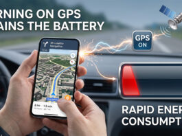 ไขข้อสงสัย เปิด GPS เปลืองแบต จริงหรือไม่? พร้อมวิธีประหยัดพลังงานบนสมาร์ทโฟน ภาพประกอบแนวคิดแสดงผลกระทบของการเปิด GPS ในสมาร์ทโฟนขณะนำทาง มีการวางทับกราฟิก 'GPS ON' เชื่อมต่อไปยังมิเตอร์แบตเตอรี่สีแดงที่ลดลง พร้อมข้อความภาษาอังกฤษ 'TURNING ON GPS DRAINS THE BATTERY' และ 'RAPID ENERGY CONSUMPTION' อธิบายกระบวนการสูญเสียพลังงาน.