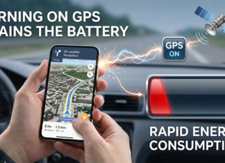 ไขข้อสงสัย เปิด GPS เปลืองแบต จริงหรือไม่? พร้อมวิธีประหยัดพลังงานบนสมาร์ทโฟน ภาพประกอบแนวคิดแสดงผลกระทบของการเปิด GPS ในสมาร์ทโฟนขณะนำทาง มีการวางทับกราฟิก 'GPS ON' เชื่อมต่อไปยังมิเตอร์แบตเตอรี่สีแดงที่ลดลง พร้อมข้อความภาษาอังกฤษ 'TURNING ON GPS DRAINS THE BATTERY' และ 'RAPID ENERGY CONSUMPTION' อธิบายกระบวนการสูญเสียพลังงาน.