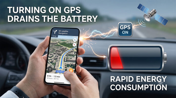เปิด GPS เปลืองแบต? เจาะลึกผลกระทบต่อแบตเตอรี่สมาร์ทโฟน ภาพประกอบแนวคิดแสดงผลกระทบของการเปิด GPS ในสมาร์ทโฟนขณะนำทาง มีการวางทับกราฟิก 'GPS ON' เชื่อมต่อไปยังมิเตอร์แบตเตอรี่สีแดงที่ลดลง พร้อมข้อความภาษาอังกฤษ 'TURNING ON GPS DRAINS THE BATTERY' และ 'RAPID ENERGY CONSUMPTION' อธิบายกระบวนการสูญเสียพลังงาน.