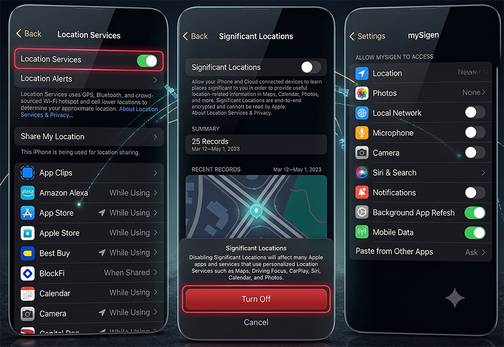 ภาพประกอบแสดงหน้าจอการตั้งค่า (Settings) บนระบบ iOS สามหน้าต่างวางเรียงกัน: หน้าต่างซ้ายแสดงหน้า "Location Services" และรายการแอปพลิเคชันที่ขอเข้าถึงตำแหน่ง, หน้าต่างกลางแสดงหน้า "Significant Locations" พร้อมแผนที่และหน้าต่างป๊อปอัป "Turn Off" ที่มีขอบสีแดงเน้น, หน้าต่างขวาแสดงการตั้งค่าการเข้าถึงข้อมูลของแอปพลิเคชันเฉพาะ