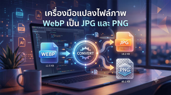 webp-to-jpg-png-converter เครื่องมือแปลงไฟล์ภาพ WebP เป็น JPG และ PNG แสดงขั้นตอนการแปลงไฟล์บนหน้าจอโน้ตบุ๊ก
