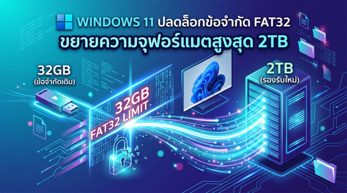 Windows 11 ปลดล็อกข้อจำกัด FAT32 ขยายการรองรับความจุสูงสุด 2TB ภาพประกอบดิจิทัลแสดงการอัปเดต Windows 11 ที่ปลดล็อกข้อจำกัดระบบไฟล์ FAT32 จากเดิม 32GB ไปเป็น 2TB แสดงผ่านกระแสข้อมูลไหลจากแฟลชไดรฟ์ขนาดเล็กไปยังเซิร์ฟเวอร์ขนาดใหญ่ พร้อมข้อความภาษาไทยระบุการเปลี่ยนแปลง