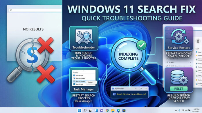 windows-11-search-fix-troubleshooting-guide ภาพหน้าปกบทความรวมวิธีแก้ไขปัญหาช่องค้นหาใน Windows 11 (Search) ไม่ทำงาน พร้อมสรุปขั้นตอนการตั้งค่าและรีเซ็ตระบบเบื้องต้น