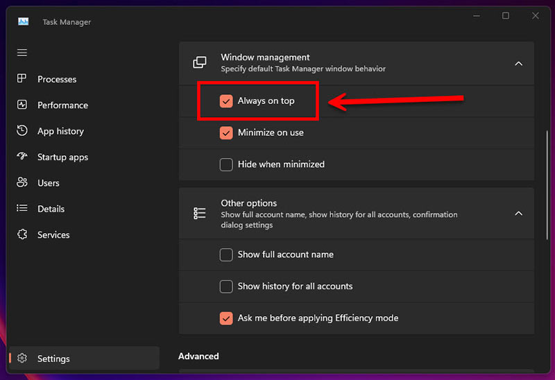 หน้าจอ Settings ของ Task Manager บน Windows 11 มีกรอบสีแดงและลูกศรชี้ไปที่การติ๊กเลือกช่อง Always on top ภายใต้หัวข้อ Window management