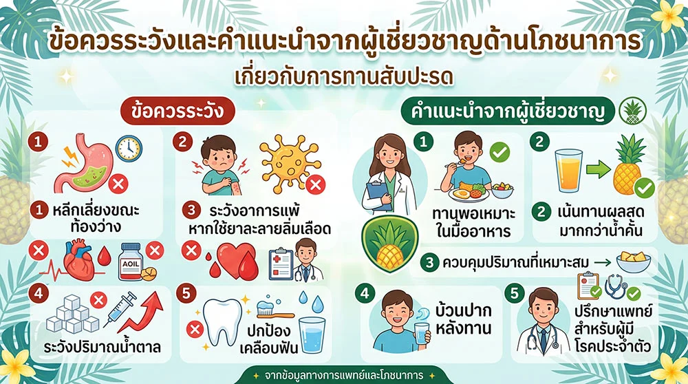 ภาพอินโฟกราฟิกแสดงข้อควรระวังและคำแนะนำจากผู้เชี่ยวชาญด้านโภชนาการ เพื่อให้ร่างกายได้รับ สรรพคุณของสับปะรด อย่างเต็มที่และปลอดภัย เช่น ควรหลีกเลี่ยงการทานขณะท้องว่าง ระวังปริมาณน้ำตาล และแนะนำให้ทานผลสดในปริมาณที่พอเหมาะ