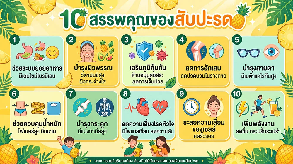 ภาพอินโฟกราฟิกสรุปข้อมูล 10 สรรพคุณของสับปะรด ที่ช่วยบำรุงร่างกาย เช่น ช่วยระบบย่อยอาหาร บำรุงผิวพรรณ เสริมภูมิคุ้มกัน และลดการอักเสบ พร้อมไอคอนประกอบที่เข้าใจง่าย