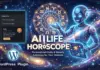 WPStore+ AI Life Horoscope เครื่องมือดูดวงและวิเคราะห์ดวงชะตาด้วย AI ภาพกราฟิกหน้าปกสำหรับปลั๊กอิน WordPress ชื่อ AI Life Horoscope พื้นหลังเป็นอวกาศและวงล้อจักรราศีเรืองแสง แสดงภาพหุ่นยนต์ AI ล้ำยุคกำลังโต้ตอบกับข้อมูลดวงชะตา พร้อมตัวอย่างหน้าต่างวิดเจ็ตดูดวงราศีสิงห์ โลโก้ WordPress และข้อความโปรโมต