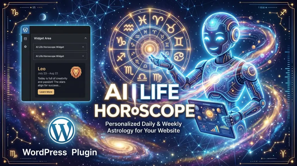 ภาพกราฟิกหน้าปกสำหรับปลั๊กอิน WordPress ชื่อ AI Life Horoscope พื้นหลังเป็นอวกาศและวงล้อจักรราศีเรืองแสง แสดงภาพหุ่นยนต์ AI ล้ำยุคกำลังโต้ตอบกับข้อมูลดวงชะตา พร้อมตัวอย่างหน้าต่างวิดเจ็ตดูดวงราศีสิงห์ โลโก้ WordPress และข้อความโปรโมต