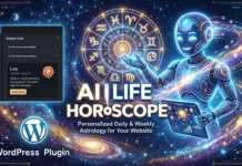 WPStore+ AI Life Horoscope เครื่องมือดูดวงและวิเคราะห์ดวงชะตาด้วย AI ภาพกราฟิกหน้าปกสำหรับปลั๊กอิน WordPress ชื่อ AI Life Horoscope พื้นหลังเป็นอวกาศและวงล้อจักรราศีเรืองแสง แสดงภาพหุ่นยนต์ AI ล้ำยุคกำลังโต้ตอบกับข้อมูลดวงชะตา พร้อมตัวอย่างหน้าต่างวิดเจ็ตดูดวงราศีสิงห์ โลโก้ WordPress และข้อความโปรโมต