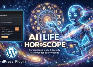 WPStore+ AI Life Horoscope เครื่องมือดูดวงและวิเคราะห์ดวงชะตาด้วย AI ภาพกราฟิกหน้าปกสำหรับปลั๊กอิน WordPress ชื่อ AI Life Horoscope พื้นหลังเป็นอวกาศและวงล้อจักรราศีเรืองแสง แสดงภาพหุ่นยนต์ AI ล้ำยุคกำลังโต้ตอบกับข้อมูลดวงชะตา พร้อมตัวอย่างหน้าต่างวิดเจ็ตดูดวงราศีสิงห์ โลโก้ WordPress และข้อความโปรโมต