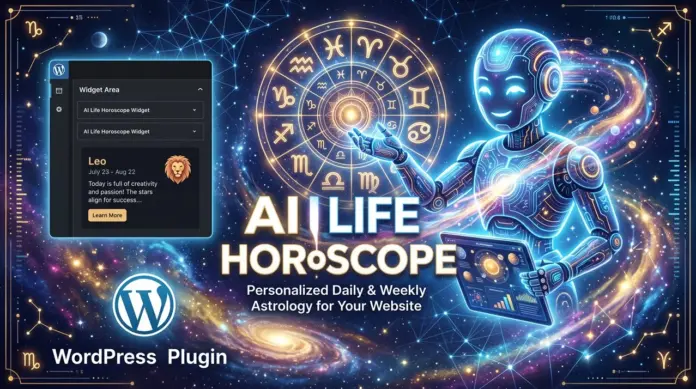 ภาพกราฟิกหน้าปกสำหรับปลั๊กอิน WordPress ชื่อ AI Life Horoscope พื้นหลังเป็นอวกาศและวงล้อจักรราศีเรืองแสง แสดงภาพหุ่นยนต์ AI ล้ำยุคกำลังโต้ตอบกับข้อมูลดวงชะตา พร้อมตัวอย่างหน้าต่างวิดเจ็ตดูดวงราศีสิงห์ โลโก้ WordPress และข้อความโปรโมต