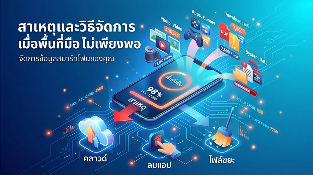 ภาพ กราฟิก แสดง สาเหตุ และ วิธี จัดการ ข้อมูล เมื่อ พื้นที่ มือถือ ไม่เพียงพอ โดย มี สมาร์ทโฟน เป็น ศูนย์กลาง พร้อม ไอคอน การสำรอง ข้อมูล ขึ้น คลาวด์ การลบ แอปพลิเคชัน และ การทำความสะอาด ไฟล์ ขยะ ต่างๆ