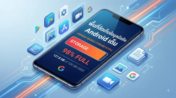 วิธีเคลียร์ พื้นที่จัดเก็บข้อมูลมือถือ Android เต็ม และเพิ่มความจำให้เครื่องลื่น ภาพแนวคิด 3D isometric แสดงสมาร์ทโฟน Android บนพื้นหลังดิจิทัล หน้าจอแจ้งคำเตือน " พื้นที่จัดเก็บข้อมูลมือถือ Android เต็ม " แถบ STORAGE 98% มีข้อมูลการใช้งาน 127.8 GB ล้อมรอบด้วยไอคอนแอปพลิเคชันและไฟล์ที่ลอยอยู่มากมาย เช่น รูปภาพ, วิดีโอ