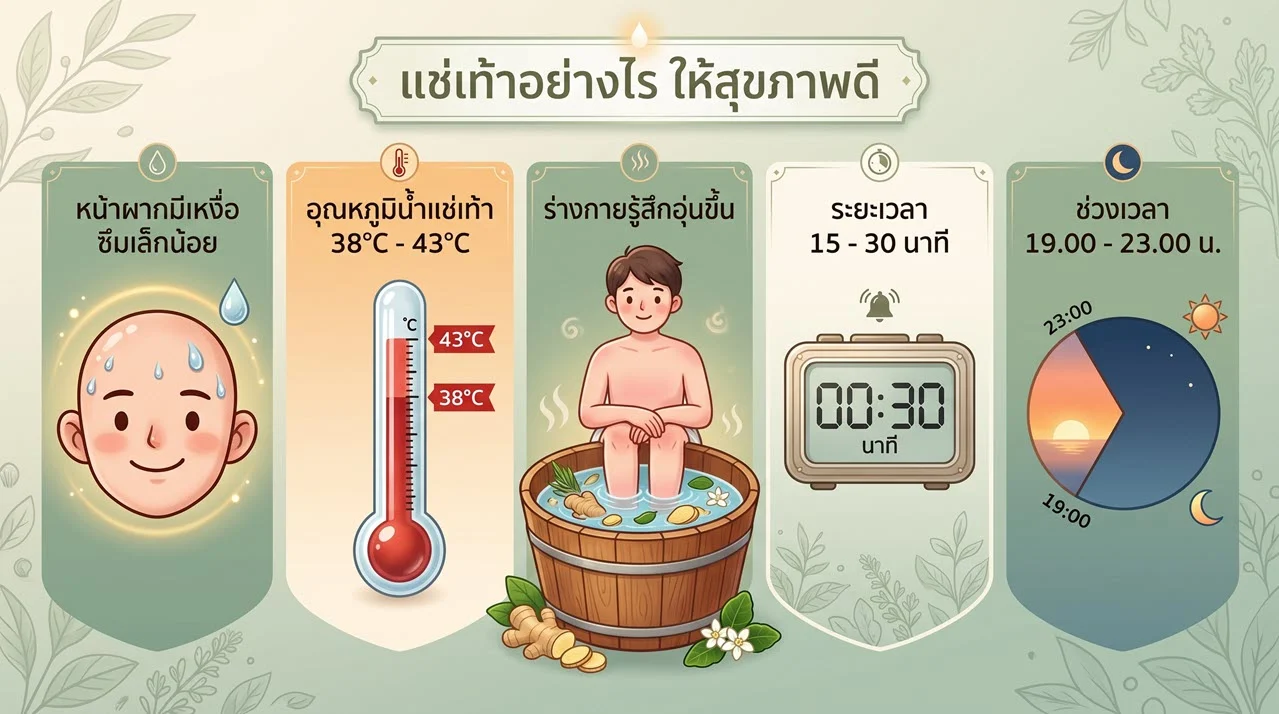 อินโฟกราฟิกนี้อธิบายถึงประโยชน์ของการแช่เท้าในน้ำอุ่น พร้อมทั้งแนะนำอุณหภูมิ , ระยะเวลา และ ช่วงเวลาที่เหมาะสม ในการทำกิจกรรมนี้ เพื่อให้ร่างกายของเรามีสุขภาพที่แข็งแรงขึ้น