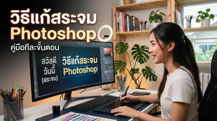 วิธีแก้สระจม Photoshop ที่สมบูรณ์แบบที่สุด พิมพ์ภาษาไทยได้เป๊ะจริงๆ ภาพของผู้หญิงคนหนึ่งที่กำลังนั่งทำงานหน้าคอมพิวเตอร์โดยในจอแสดงเนื้อหาเกี่ยวกับเรื่อง วิธีแก้สระจม Photoshop เพื่อให้ผู้ใช้งานพิมพ์อักษรไทยได้อย่างถูกต้อง