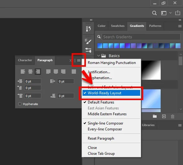 ภาพแสดงพาเนล Paragraph สำหรับปรับแต่งย่อหน้า เพื่อทำตาม วิธีแก้สระจม Photoshop โดยมีลูกศรชี้บอกตำแหน่งการเปิดใช้งานโหมด World-Ready Layout อย่างถูกต้อง