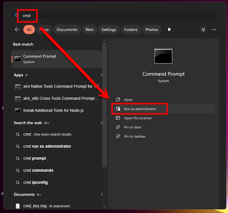 ภาพหน้าจอแสดงขั้นตอนเริ่มต้นสำหรับ วิธีเปิด Ultimate Performance Windows 11 โดยผู้ใช้งานต้องพิมพ์ค้นหาคำว่า cmd ในช่องค้นหาของเมนูสตาร์ท จากนั้นให้คลิกขวาแล้วเลือกคำสั่งรันในฐานะผู้ดูแลระบบเพื่อเปิดใช้งาน