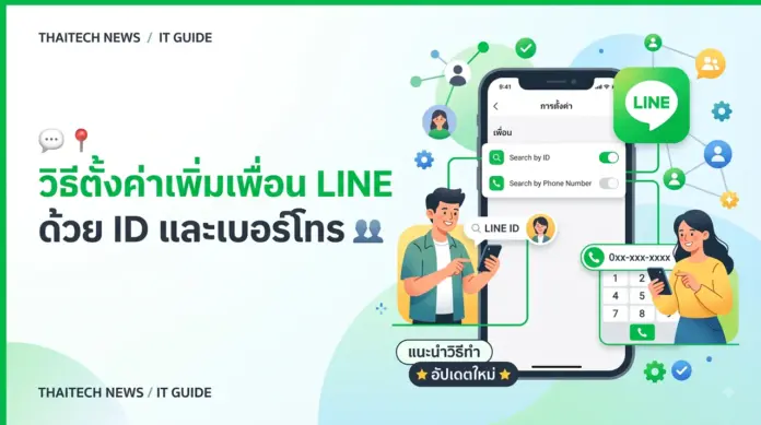 ภาพปกบทความวิธีตั้งค่าเพิ่มเพื่อน LINE ด้วย ID และเบอร์โทรแบบล่าสุด ภาพประกอบบทความ แนะนำขั้นตอนการตั้งค่าแอปพลิเคชันไลน์โดยมีข้อความระบุชัดเจนว่า วิธีตั้งค่าเพิ่มเพื่อน LINE ด้วย ID และเบอร์โทร เพื่อให้ผู้ใช้งานสามารถทำตามได้อย่างถูกต้องและปลอดภัย