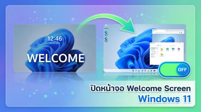 วิธีปิดหน้าจอ Welcome Screen Windows 11 ให้บูตเครื่องไวขึ้น ภาพกราฟิกเปรียบเทียบก่อนและหลังการใช้วิธีปิดหน้าจอ Welcome Screen บนคอมพิวเตอร์ Windows 11 โดยมีลูกศรสีเขียวชี้ข้ามจากหน้าจอต้อนรับไปยังหน้าเดสก์ท็อปที่พร้อมใช้งานทันที พร้อมสวิตช์ปุ่ม OFF และข้อความระบุชัดเจน เพื่ออธิบายขั้นตอนการตั้งค่าข้ามหน้าล็อกอินให้ระบบบูตเครื่องเข้าสู่หน้าจอหลักได้รวดเร็วขึ้น
