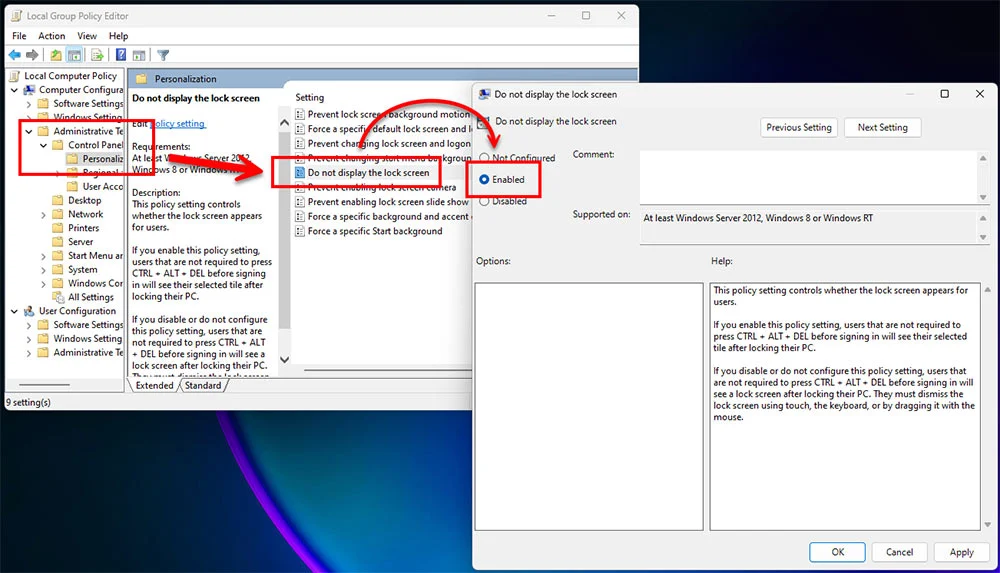 Screenshot of Local Group Policy Editor in Windows showing the path Computer Configuration Administrative Templates Control Panel Personalization. Do not display the lock screen policy is selected and Enabled. Red boxes and arrows highlight navigation folders and the Enabled radio button to prevent lock screen display after locking the PC.
