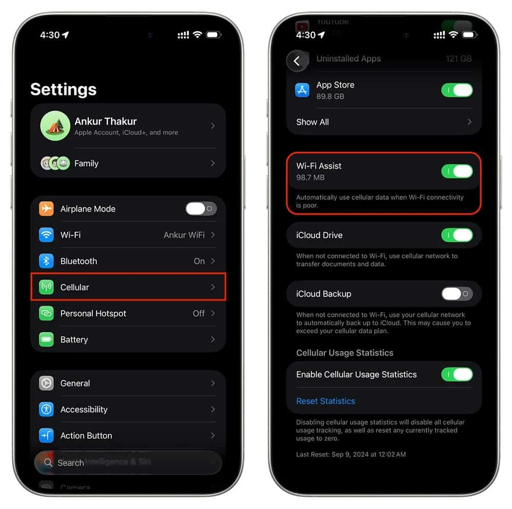 ภาพที่สร้างขึ้นนี้แสดงหน้าจอ iPhone สองหน้าจอ โดยแสดงเมนูการตั้งค่าเซลลูลาร์ และเน้นที่ตัวเลือก Wi-Fi Assist ที่ปิดอยู่ การจัดวางที่สวยงามประกอบด้วยกราฟิกข้อมูลแบบลอยตัวหลากสีสัน องค์ประกอบ 3 มิติ กราฟ และแผนที่บนพื้นหลังไล่ระดับสีฟ้าและม่วงสดใส แสดงให้เห็นถึงเทคนิคการจัดการข้อมูลและการเพิ่มประสิทธิภาพแบตเตอรี่สมาร์ทโฟน