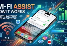 แก้แบต iPhone หมดเร็ว: เจาะลึกฟีเจอร์ Wi-Fi Assist ปิดแล้วช่วยประหยัดพลังงานได้จริงหรือไม่? ภาพนี้สำหรับปัญหา แก้แบต iPhone หมดเร็ว แสดงให้เห็นคุณสมบัติ Wi-Fi Assist บนหน้าจอ iPhone โดยสาธิตวิธีการที่อุปกรณ์สลับจากสัญญาณ Wi-Fi ที่อ่อนไปยังเครือข่าย 5G ที่แรงโดยอัตโนมัติ พื้นหลังประกอบด้วยกราฟิกเทคโนโลยีสีสันสดใส รวมถึงลูกศรเรืองแสง เสาเชื่อมต่อ และไอคอนแอป ซึ่งเน้นการเชื่อมต่อข้อมูลมือถือที่ราบรื่นและการเพิ่มประสิทธิภาพแบตเตอรี่