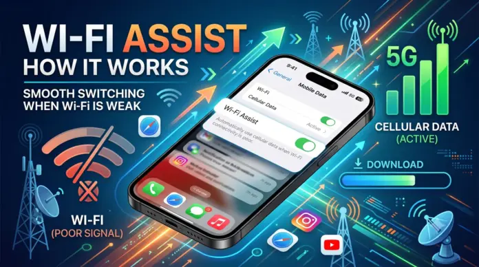 ภาพหน้าจอการตั้งค่า Wi-Fi Assist เพื่อแก้ปัญหาแบตเสื่อมอย่างรวดเร็ว ภาพนี้สำหรับปัญหา แก้แบต iPhone หมดเร็ว แสดงให้เห็นคุณสมบัติ Wi-Fi Assist บนหน้าจอ iPhone โดยสาธิตวิธีการที่อุปกรณ์สลับจากสัญญาณ Wi-Fi ที่อ่อนไปยังเครือข่าย 5G ที่แรงโดยอัตโนมัติ พื้นหลังประกอบด้วยกราฟิกเทคโนโลยีสีสันสดใส รวมถึงลูกศรเรืองแสง เสาเชื่อมต่อ และไอคอนแอป ซึ่งเน้นการเชื่อมต่อข้อมูลมือถือที่ราบรื่นและการเพิ่มประสิทธิภาพแบตเตอรี่