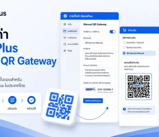 แนะนำ StorePlus Manual QR Gateway ปลั๊กอินรับชำระเงินผ่าน QR สำหรับ WooCommerce ร้านค้าไทย ภาพคู่มือแนะนำวิธีตั้งค่าปลั๊กอิน StorePlus Manual QR Gateway แบบทีละขั้นตอนสำหรับร้านค้าออนไลน์ WooCommerce ในไทย แสดงหน้าจอการเปิดใช้งาน ปรับแต่งบัญชีธนาคาร QR PromptPay ตัวอย่างหน้าชำระเงินของลูกค้าพร้อม QR Code สำหรับสแกนจ่ายเงิน และหน้ายืนยันได้รับคำสั่งซื้อเรียบร้อยแล้ว
